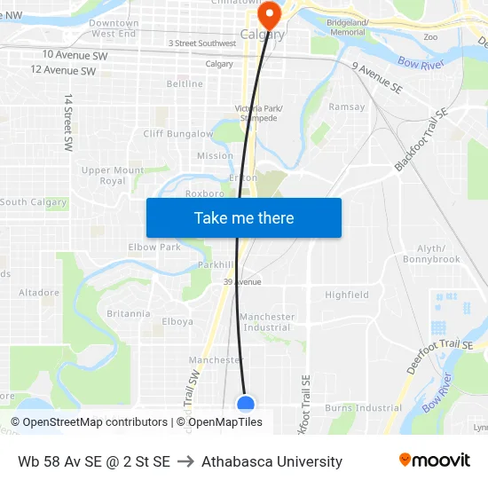 Wb 58 Av SE @ 2 St SE to Athabasca University map