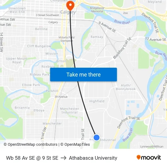 Wb 58 Av SE @ 9 St SE to Athabasca University map