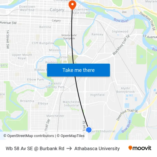 Wb 58 Av SE @ Burbank Rd to Athabasca University map