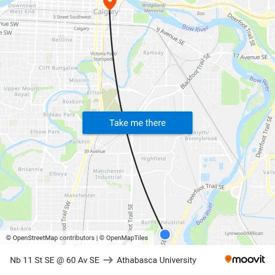 Nb 11 St SE @ 60 Av SE to Athabasca University map