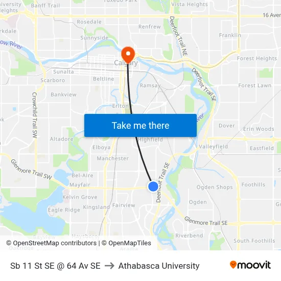 Sb 11 St SE @ 64 Av SE to Athabasca University map