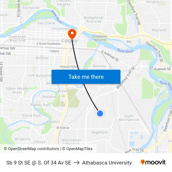 Sb 9 St SE @ S. Of 34 Av SE to Athabasca University map