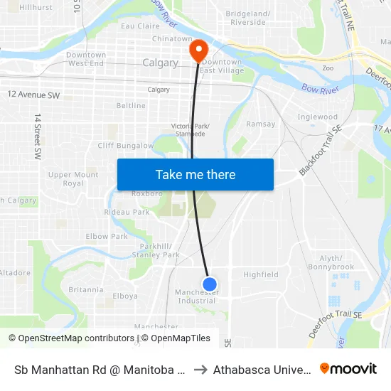 Sb Manhattan Rd @ Manitoba Rd SE to Athabasca University map