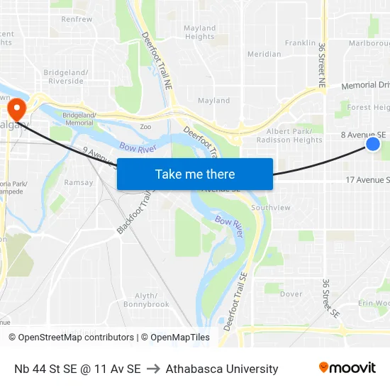 Nb 44 St SE @ 11 Av SE to Athabasca University map