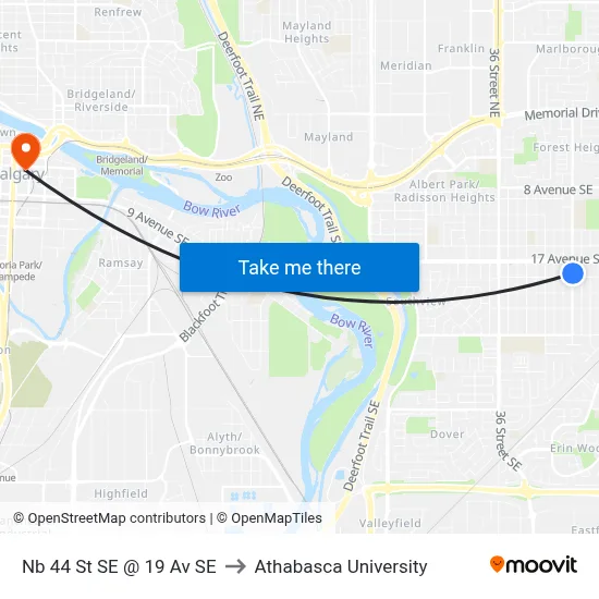 Nb 44 St SE @ 19 Av SE to Athabasca University map