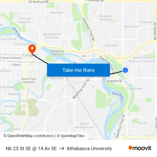 Nb 25 St SE @ 14 Av SE to Athabasca University map