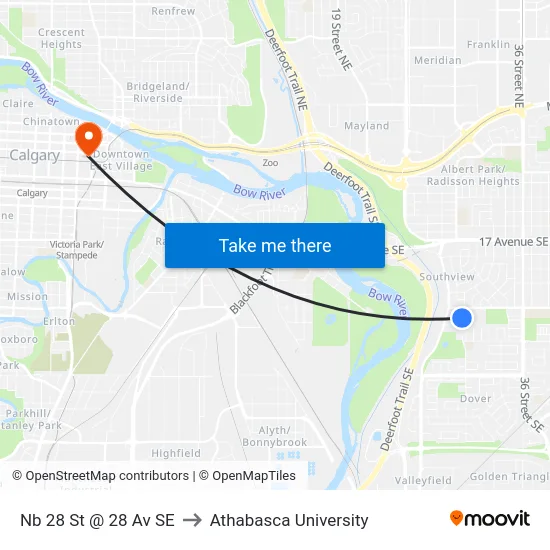Nb 28 St @ 28 Av SE to Athabasca University map