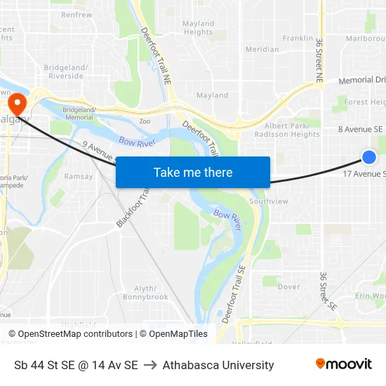 Sb 44 St SE @ 14 Av SE to Athabasca University map