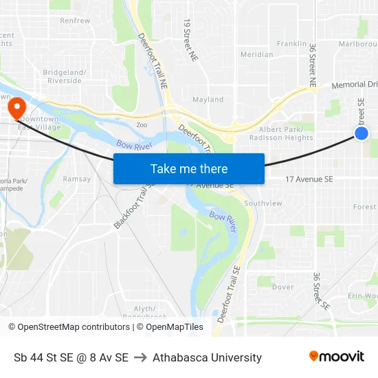 Sb 44 St SE @ 8 Av SE to Athabasca University map