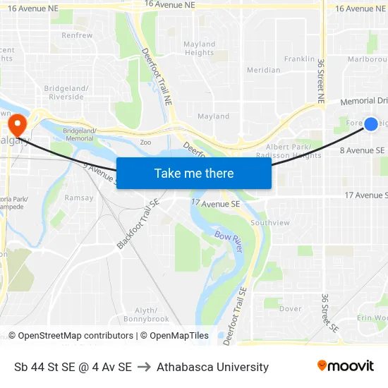 Sb 44 St SE @ 4 Av SE to Athabasca University map