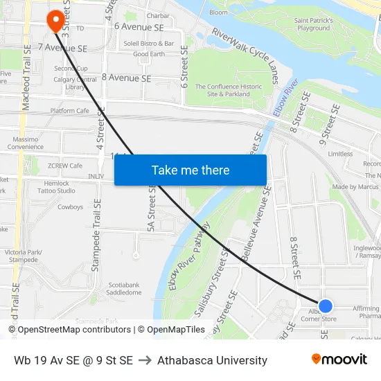 Wb 19 Av SE @ 9 St SE to Athabasca University map