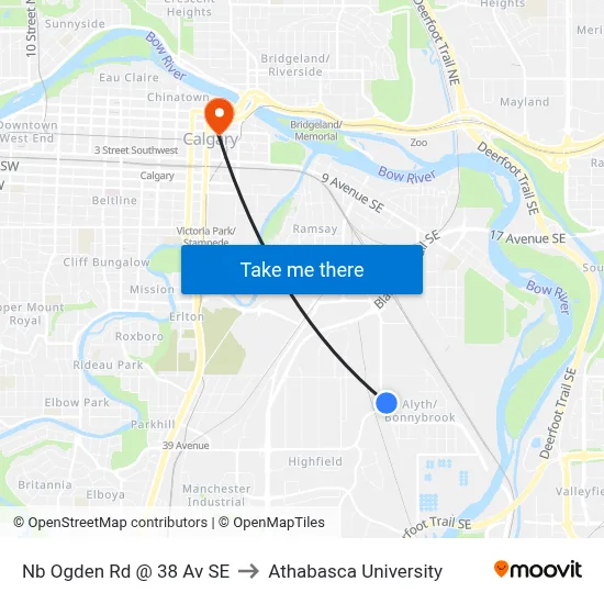 Nb Ogden Rd @ 38 Av SE to Athabasca University map