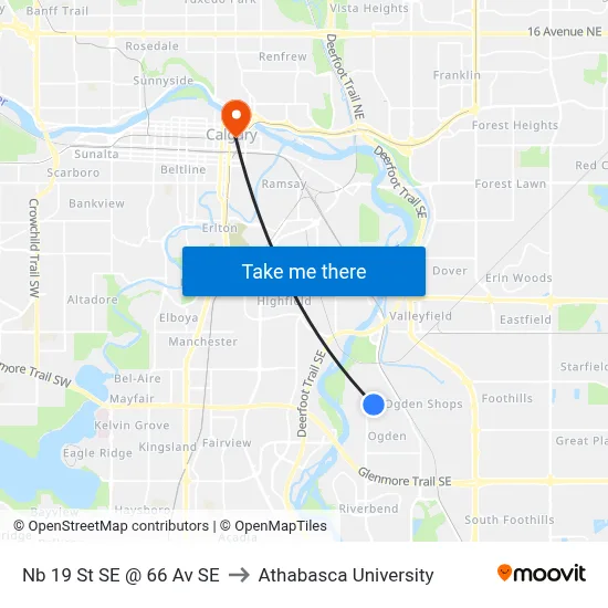 Nb 19 St SE @ 66 Av SE to Athabasca University map