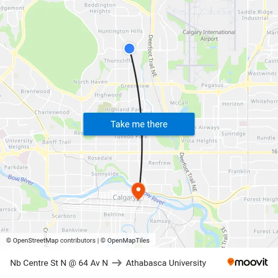 Nb Centre St N @ 64 Av N to Athabasca University map