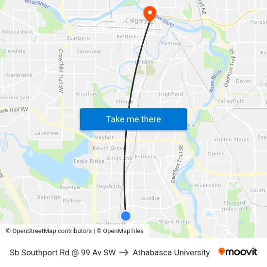 Sb Southport Rd @ 99 Av SW to Athabasca University map