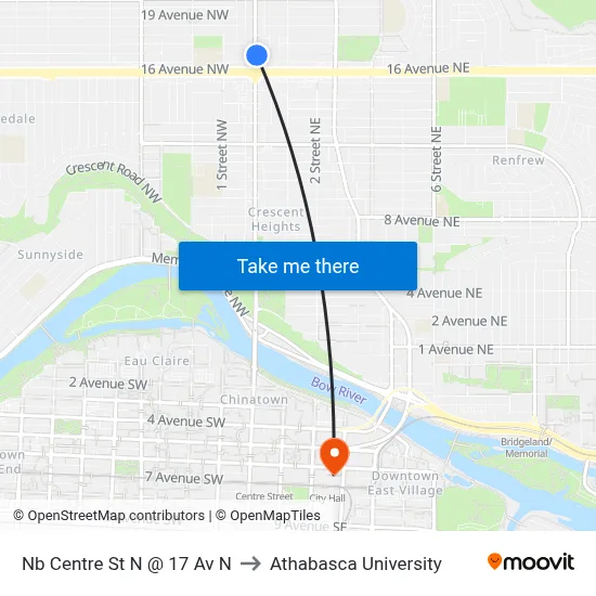Nb Centre St N @ 17 Av N to Athabasca University map