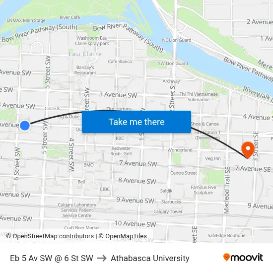 Eb 5 Av SW @ 6 St SW to Athabasca University map