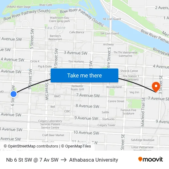 Nb 6 St SW @ 7 Av SW to Athabasca University map