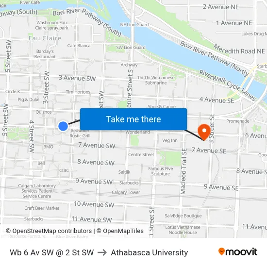 Wb 6 Av SW @ 2 St SW to Athabasca University map