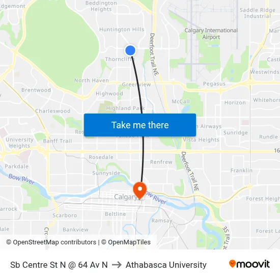Sb Centre St N @ 64 Av N to Athabasca University map