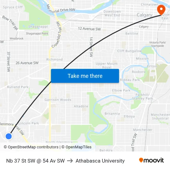Nb 37 St SW @ 54 Av SW to Athabasca University map