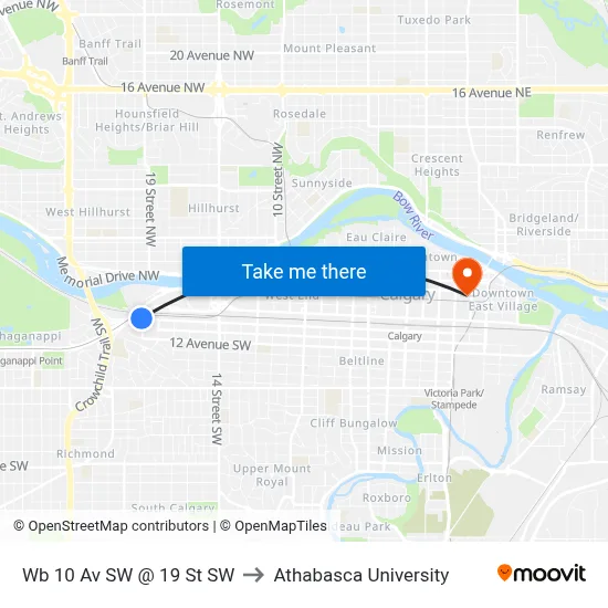 Wb 10 Av SW @ 19 St SW to Athabasca University map