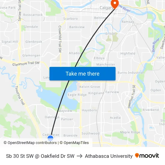 Sb 30 St SW @ Oakfield Dr SW to Athabasca University map