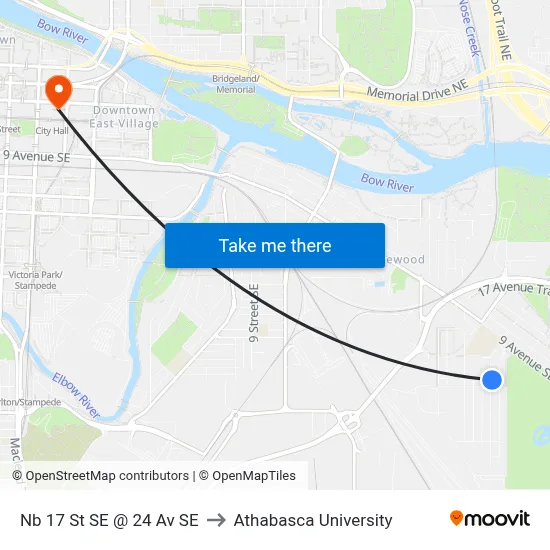 Nb 17 St SE @ 24 Av SE to Athabasca University map