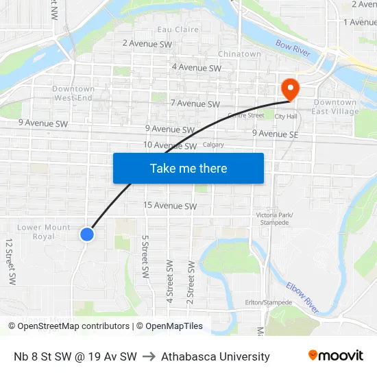 Nb 8 St SW @ 19 Av SW to Athabasca University map