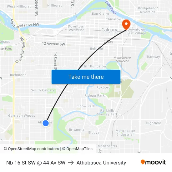 Nb 16 St SW @ 44 Av SW to Athabasca University map