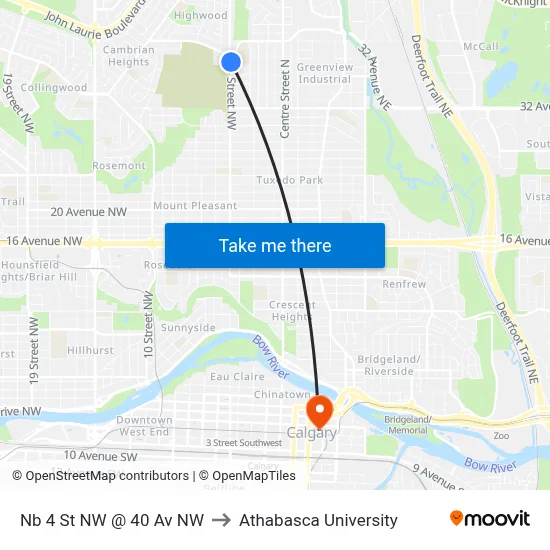Nb 4 St NW @ 40 Av NW to Athabasca University map