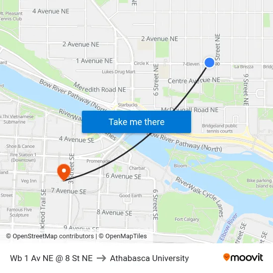Wb 1 Av NE @ 8 St NE to Athabasca University map