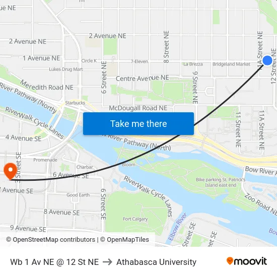 Wb 1 Av NE @ 12 St NE to Athabasca University map