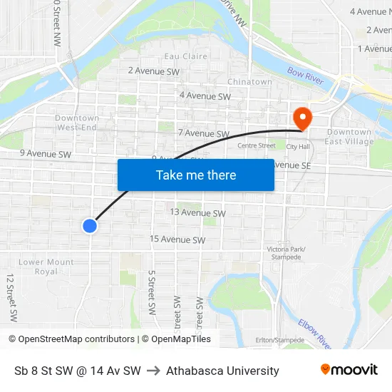 Sb 8 St SW @ 14 Av SW to Athabasca University map