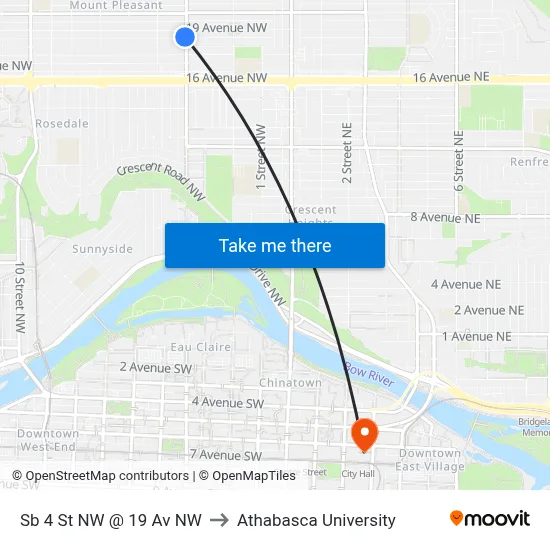 Sb 4 St NW @ 19 Av NW to Athabasca University map