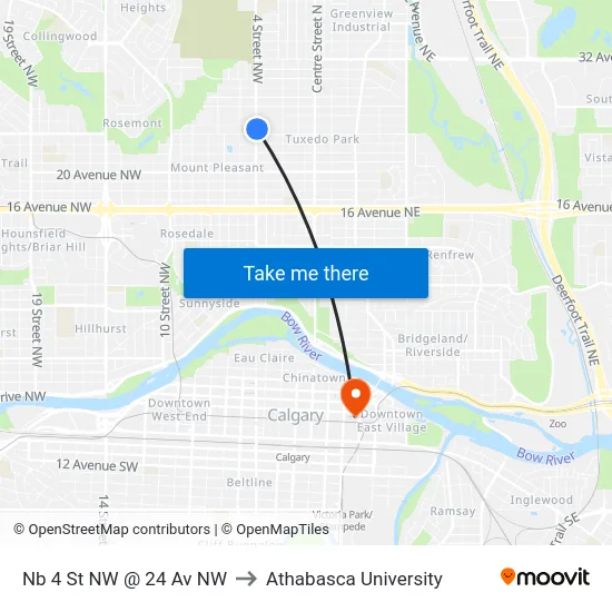 Nb 4 St NW @ 24 Av NW to Athabasca University map