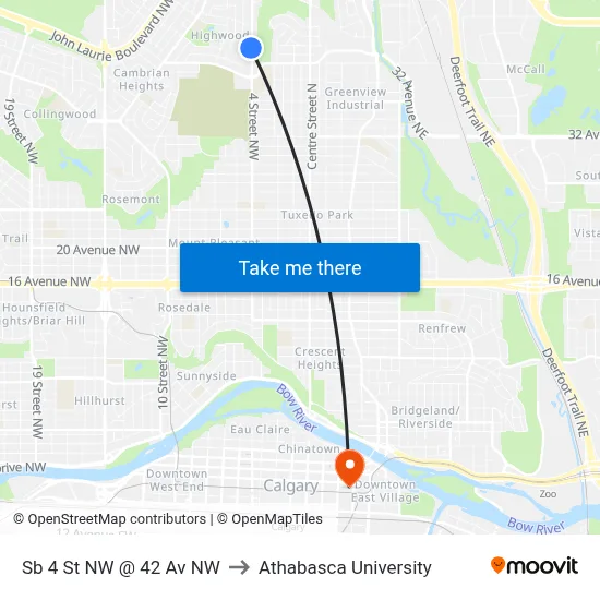 Sb 4 St NW @ 42 Av NW to Athabasca University map