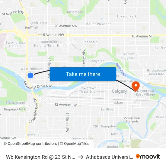 Wb Kensington Rd @ 23 St NW to Athabasca University map