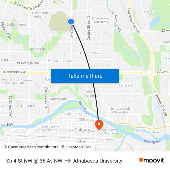 Sb 4 St NW @ 36 Av NW to Athabasca University map