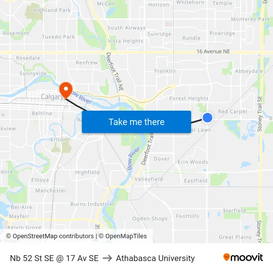 Nb 52 St SE @ 17 Av SE to Athabasca University map