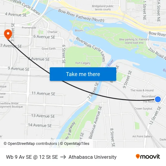 Wb 9 Av SE @ 12 St SE to Athabasca University map