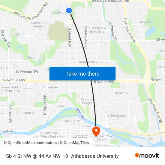 Sb 4 St NW @ 44 Av NW to Athabasca University map