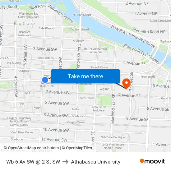 Wb 6 Av SW @ 2 St SW to Athabasca University map