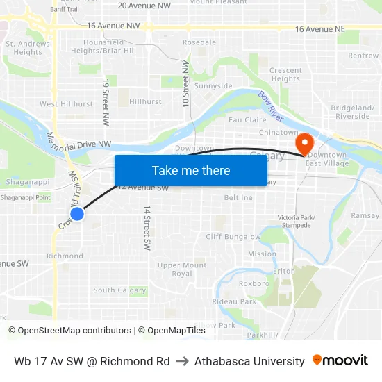 Wb 17 Av SW @ Richmond Rd to Athabasca University map