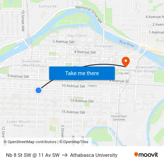 Nb 8 St SW @ 11 Av SW to Athabasca University map