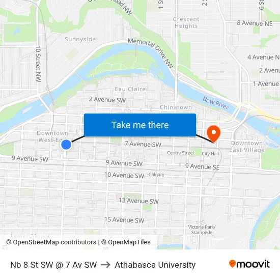 Nb 8 St SW @ 7 Av SW to Athabasca University map