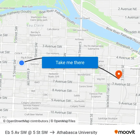 Eb 5 Av SW @ 5 St SW to Athabasca University map
