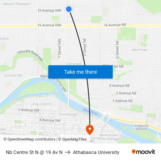 Nb Centre St N @ 19 Av N to Athabasca University map