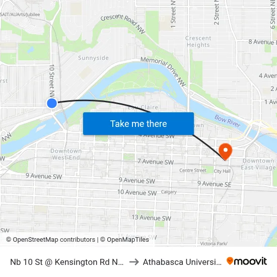 Nb 10 St @ Kensington Rd NW to Athabasca University map