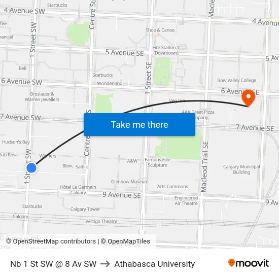 Nb 1 St SW @ 8 Av SW to Athabasca University map
